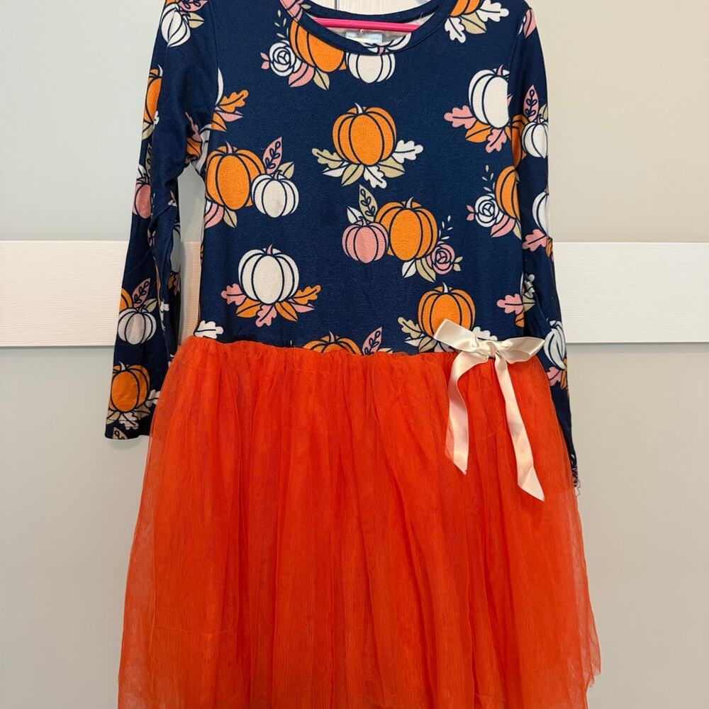 Girls Size 6 Pumpkin Dress Orange Tulle Tutu Navy Fall Thanksgiving Halloween